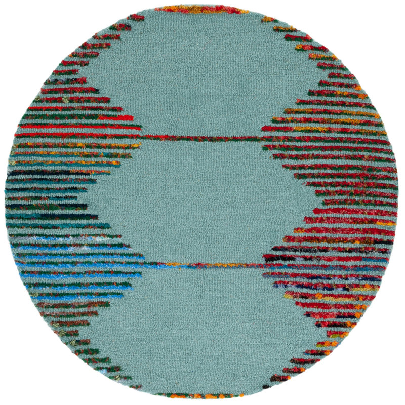 Knylah Hand Tufted Wool/Cotton Striped Rug in Teal/Red, Runner 2'3" x 6'