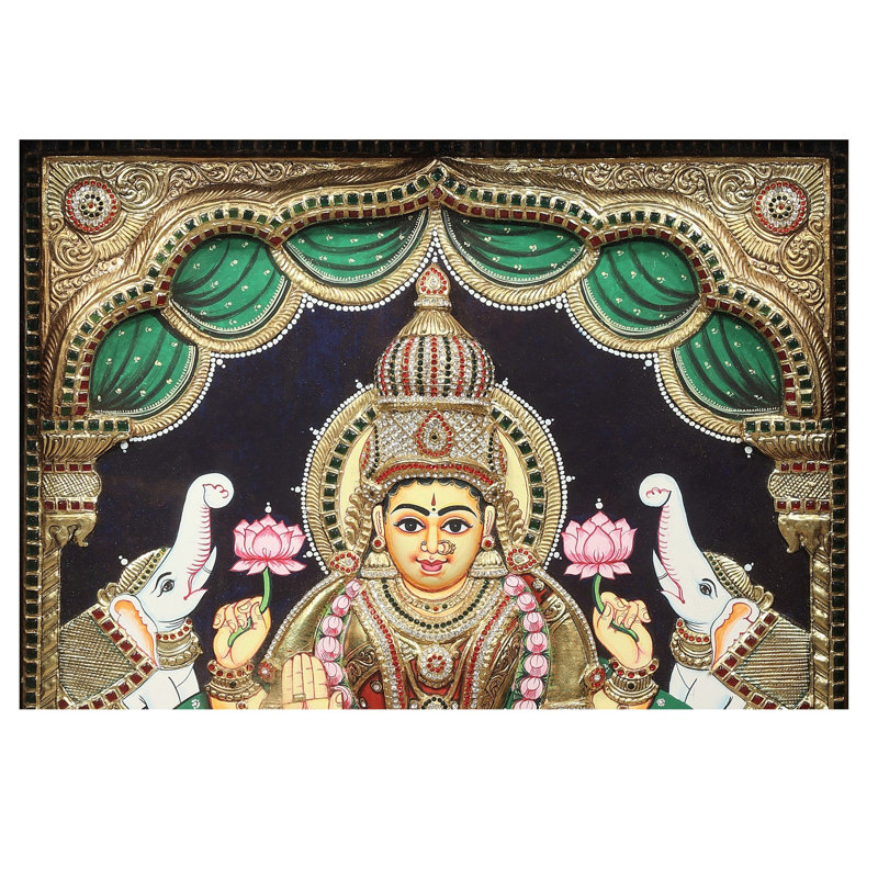 Peinture Gajalakshmi Tanjore | Couleurs traditionnelles avec or 24 carats | Structure en bois de teck