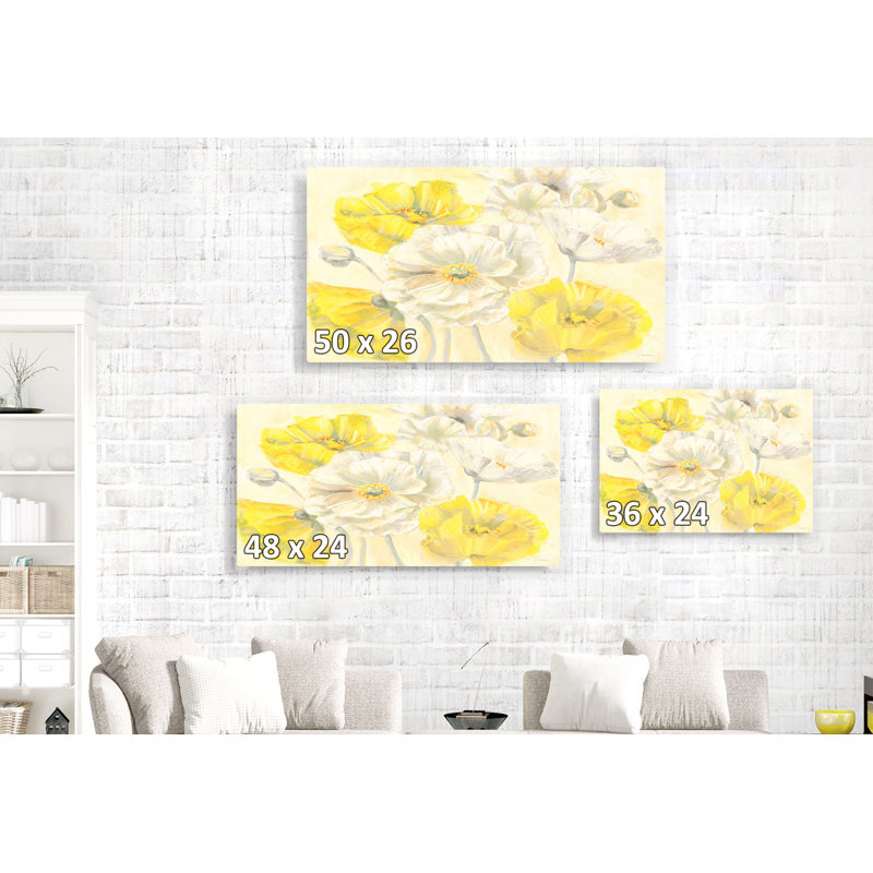 Fleur coquelicots sur jaune, blanc, or, H 24 po x l 36 po x P 1,5 po