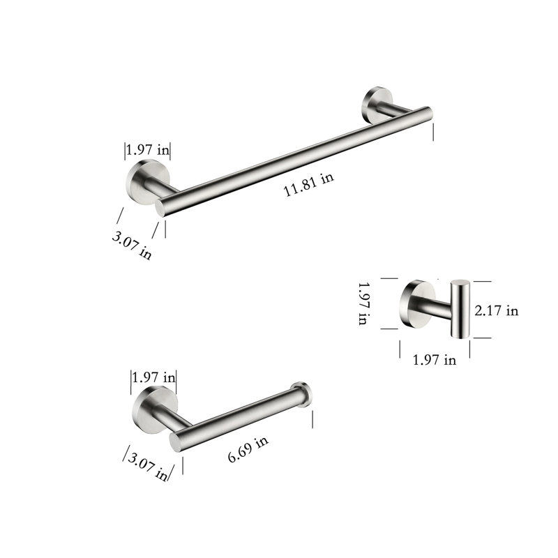 3 Bathroom Hardware In Sus304 Stainless Steel, Brushed Nickel, Resilient Bath Shower (robe Hook, Toilet Paper Holder, Towel Bar Robust (toilet Bar, Robe Hook