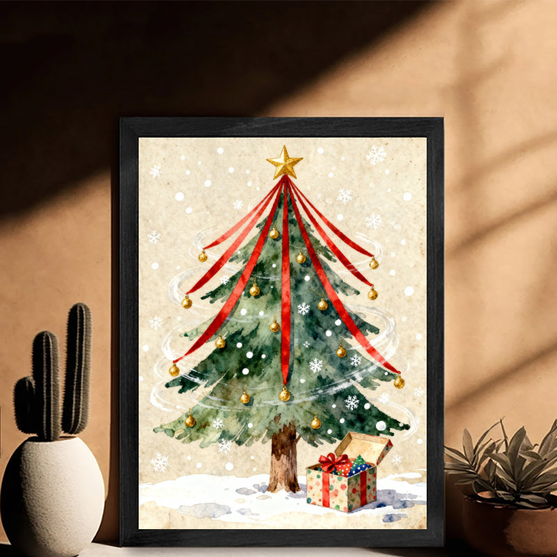 Arbre de Noël noir encadré noir avec cadeaux emballés, impressions encadrées de style rétro, H 11 po x l 9 po
