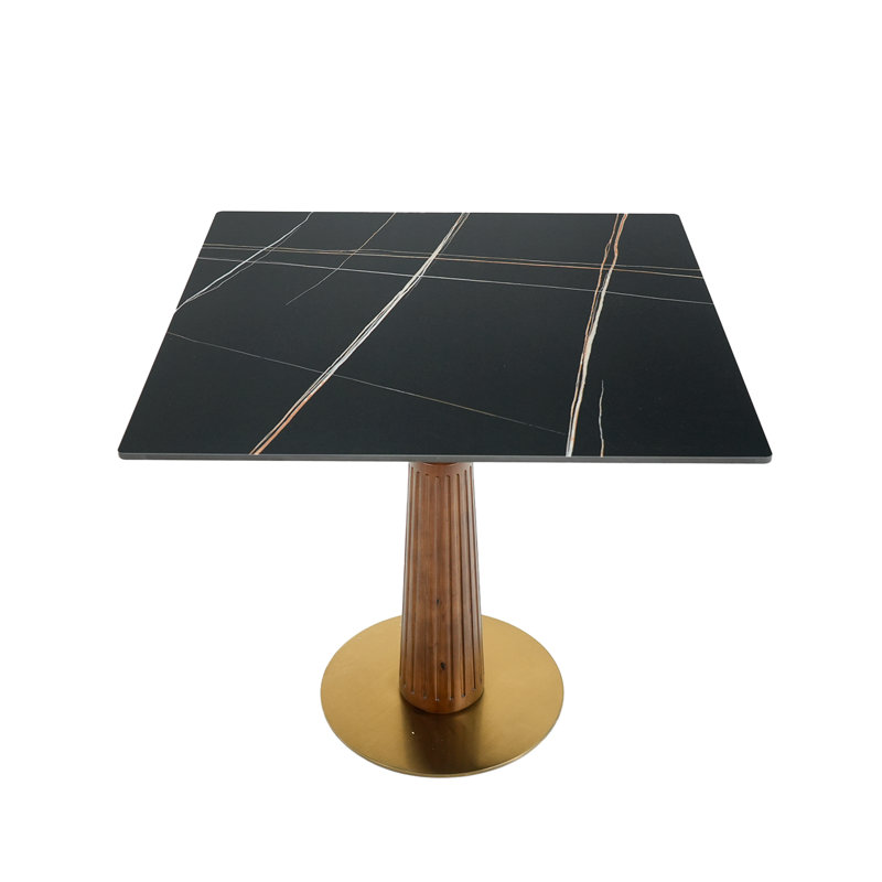 Table de conférence carrée moderne en pierre frittée avec base en bois massif, Noir