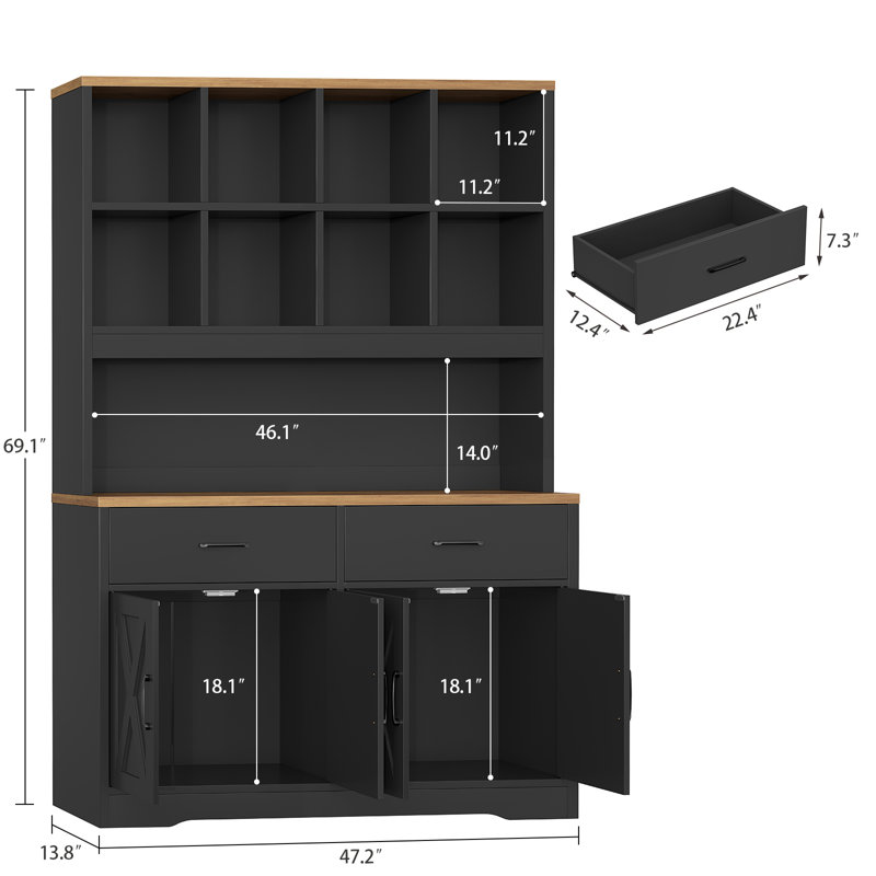69"H X 47.2"W Large Bookcase With 8 cubbies, 3-Tier Standard Wood Storage Bookcase With 4 Doors and 2 Drawers, Tall Bookshelf and Bookcase, Black