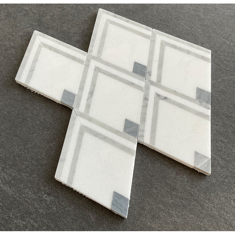 Carreau de mosaïque géométrique en marbre blanc et gris, Marbre de Carrare blanc