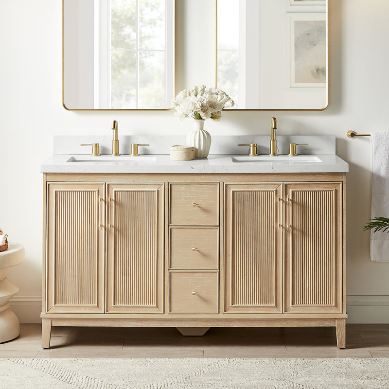 Meuble-lavabo double 60 po avec plateau en quartz Sianni, Chêne blanchi