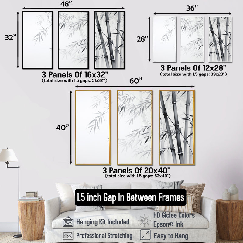 «Black and White Wild Bamboo V», ensemble de reproductions d'art mural en bambou, Cadre flottant doré