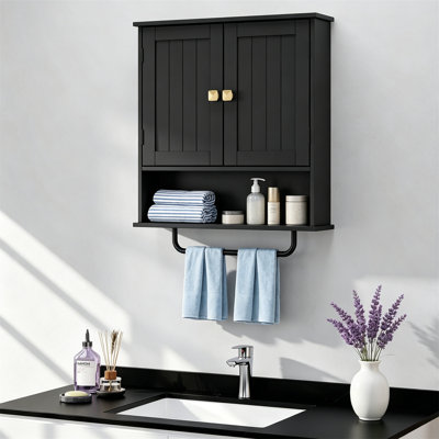 Wall Mounted Medicine Cabinet, Black – Over Toilet Storage with Towel Bar & 2 Adjustable Shelves