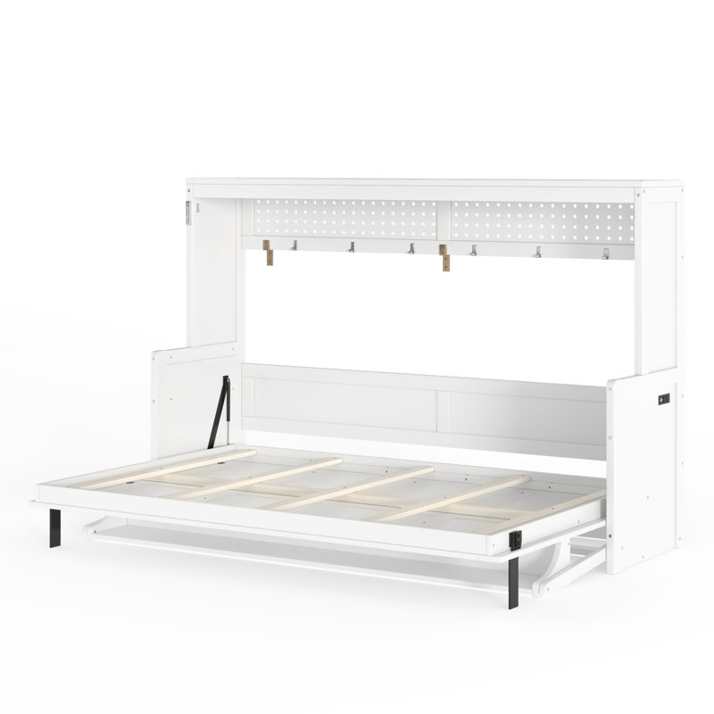 Lit escamotable double avec bureau, station de charge USB, blanc, Lit double, Blanc