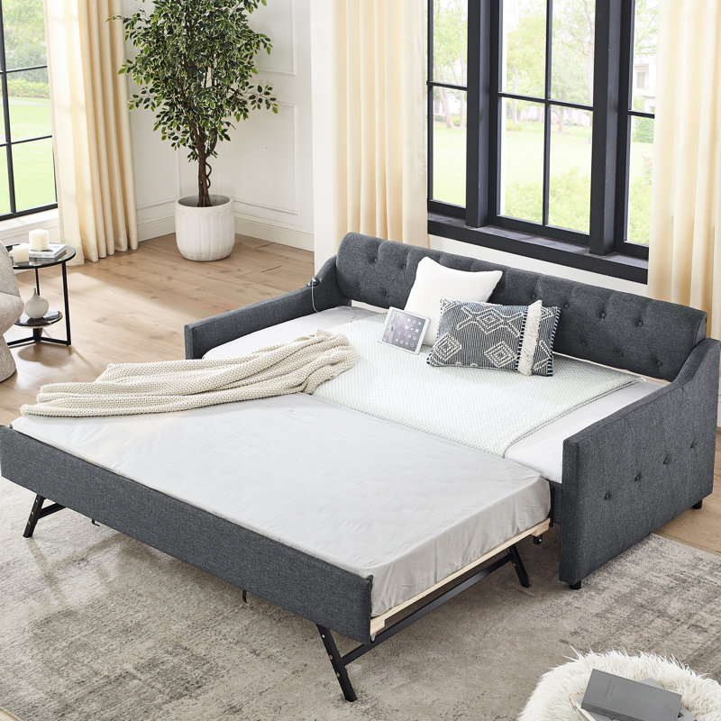 Lit de jour rembourré de taille simple, style Mid-Century, dossier à boutons, accoudoirs ondulés, lit gigogne pour un sommeil supplémentaire, fonction de charge, limite de poids de 300 lb, lin gris, matelas de 6 po, 13 lattes, assemblage