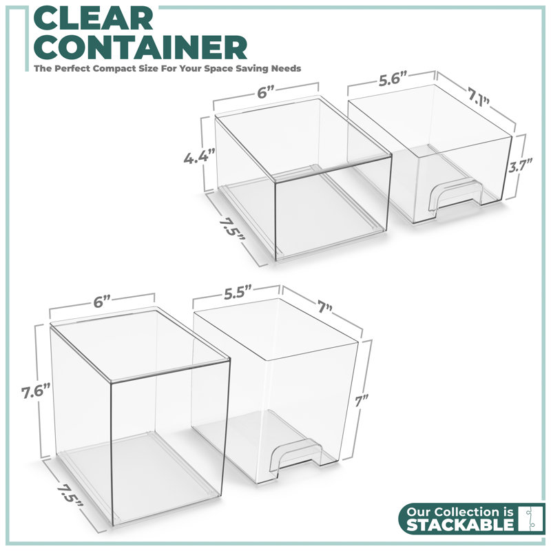 Sorbus Acrylic Storage Containers - 2 Pack, 4.4” and 7.6” Stackable Storage Bins Set for Bathroom Organization - Clear Acrylic Storage Drawer Organizers - Makeup Organizer Case with Pull-Out Drawers