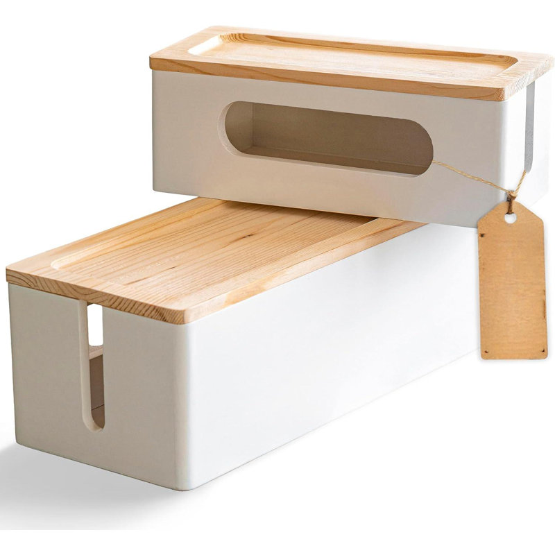 Wood Cable Management Box  Set Of Two  Large   Medium Cord Organizer Box Set To Hide Wires   Power Strips   Cable Storage Box   TV, Desk, Computer, Router Cord Organization White