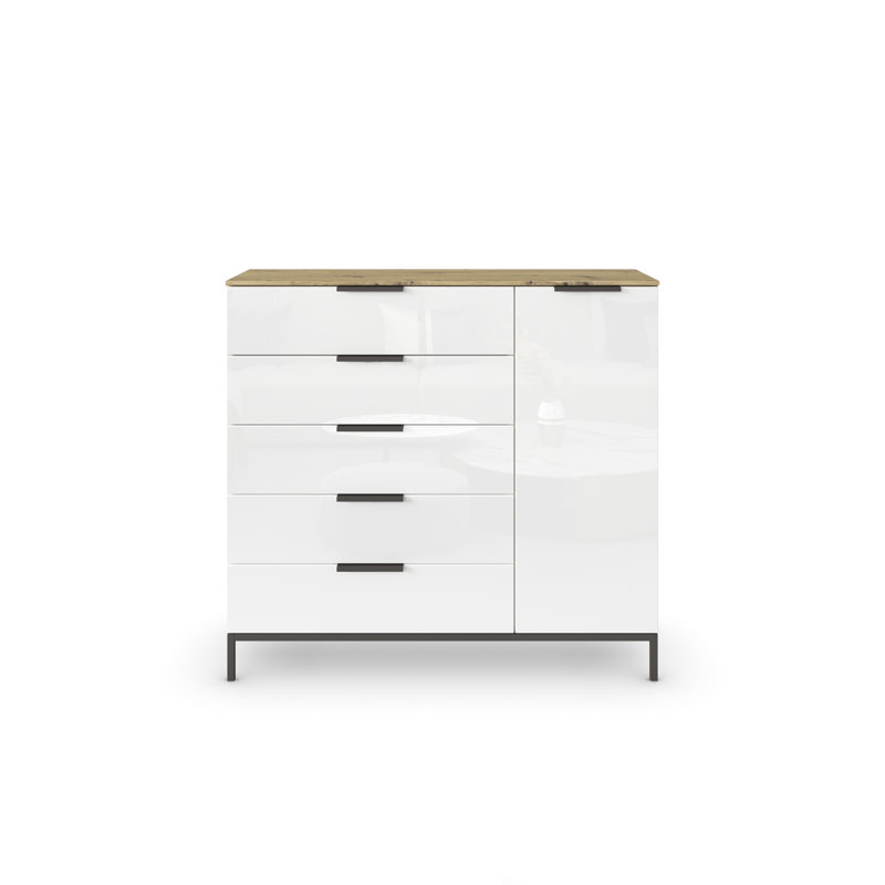 Flipp 5 - Drawer Chest of Drawers, Artisan Oak/White Glass/Graphite