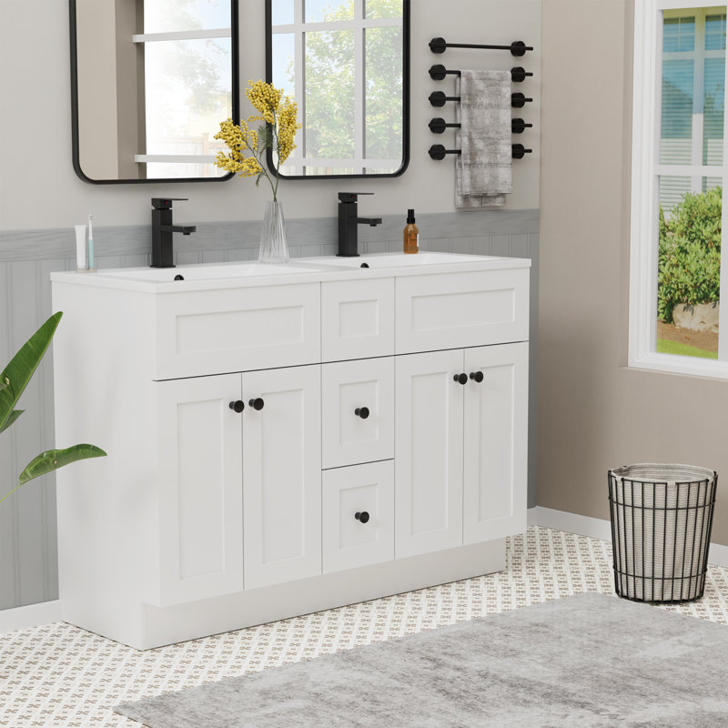 Ensemble de meuble-lavabo double 48 po avec plateau en résine, assemblage requis, Blanc