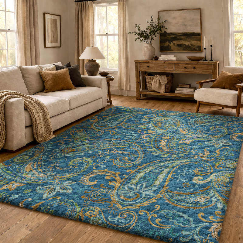 Tapis cachemire de qualité supérieure lavable à la machine ADS533, Marine, 5 pi x 7 pi 6 po