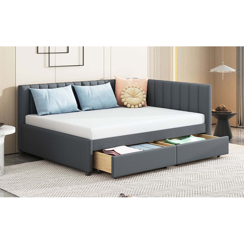 Upholstered Daybed With 2 Storage Drawers Sofa Bed Frame No Box Spring Needed, Linen Fabric, Gray