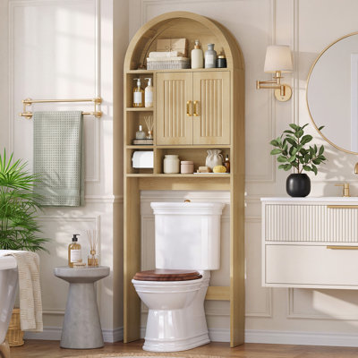 Arched Over The Toilet Storage Cabinet with Fluted Doors, Adjustable Shelves for Bathroom, Natural