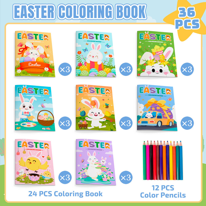 Easter Party Supplies, 24 Pcs Easter Mini Coloring Books Easter Coloring Book for Kids + 12 Pcs Easter Party Color Pencils