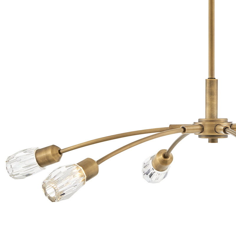 Atera Six Light Single Tier Chandelier w/ Faceted Clear Crystal Glass Shades, Heritage Brass, 9.5" H x 45" W x 45" D