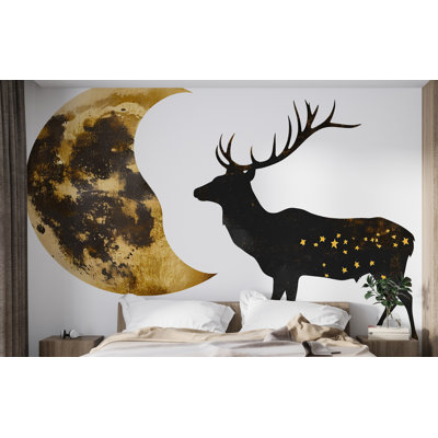 Autocollant mural de cerf et de lune, décoration murale de cerf en croissant de lune, décoration de chambre sur le thème de la forêt, Autocollant mural cerf noir et or 344 g