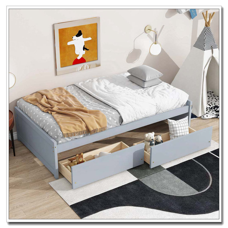 Solid Rubber Wood Bed  with 2 Drawers, Gray