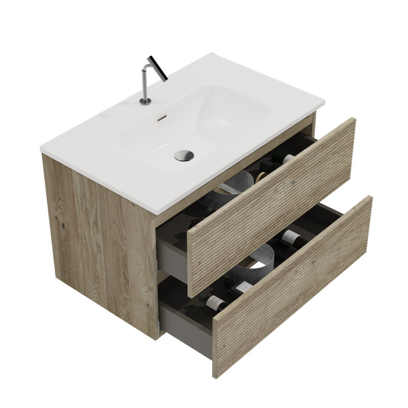 Meuble-lavabo mural avec lavabo en céramique intégré et grand rangement