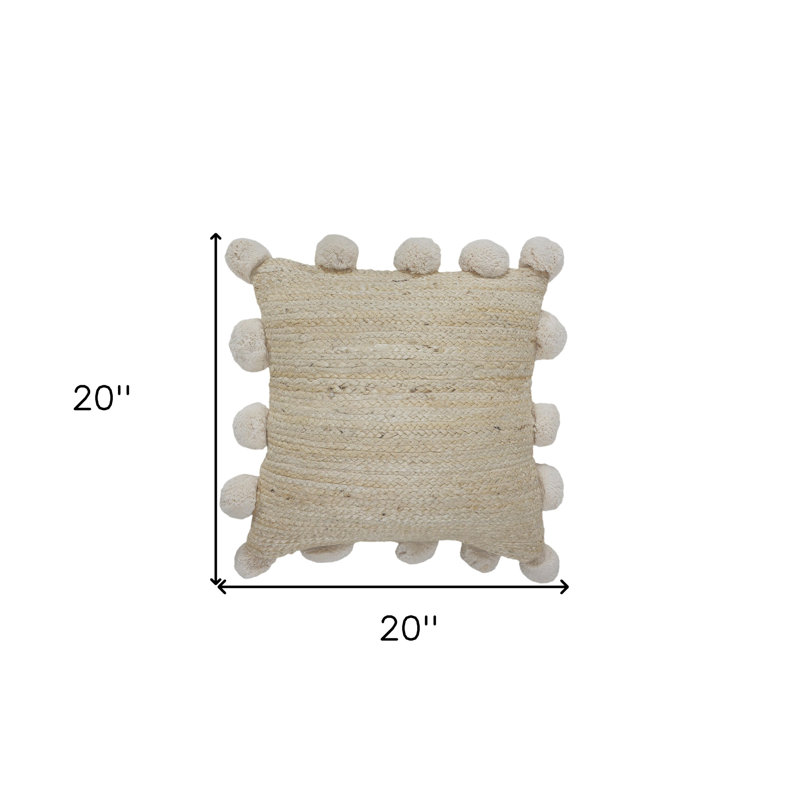 Natural Jute Square Throw Pillow with Pom Pom Border, 20" x 20"