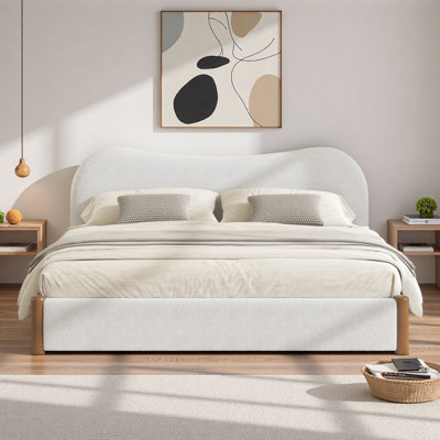 Upholstered Platform Bed With Curved Headboard And Wood Supporting Feet