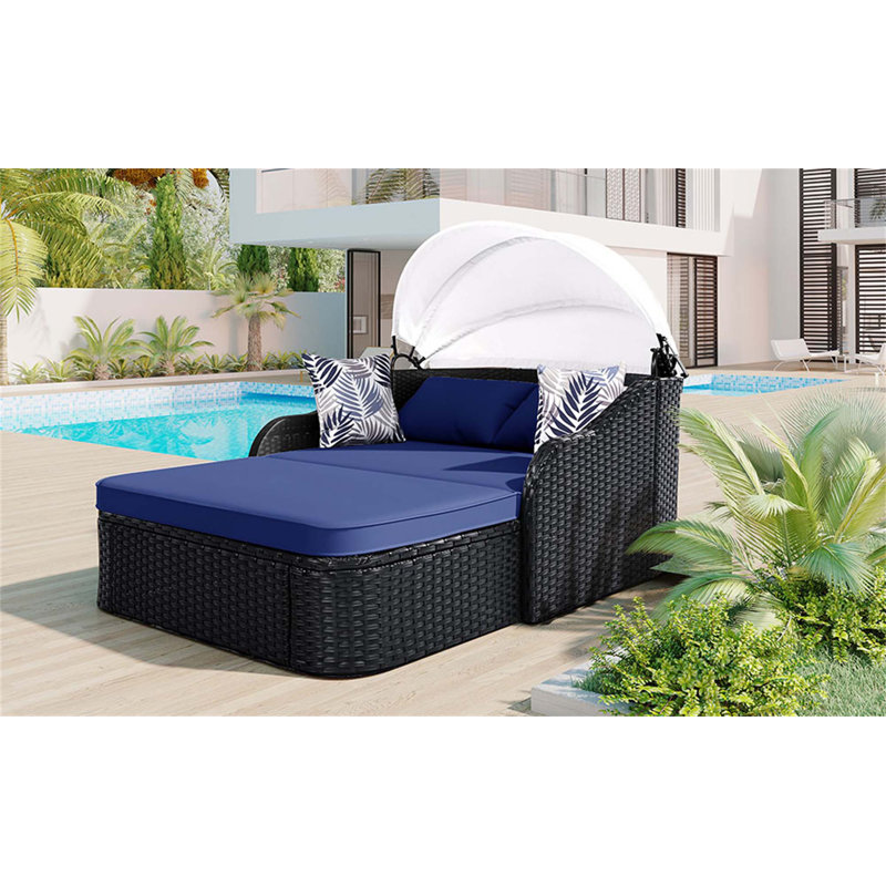 Lit de bronzage d'extérieur 79,9 po avec auvent réglable, lit double, lit de repos en rotin PE, osier noir et coussin bleu