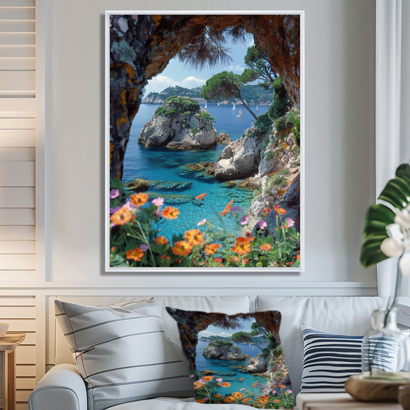 Vue de la grotte, lagon bleu, floraison, paradis, décor tropical mural côtier, Toile encadrée flottée blanche