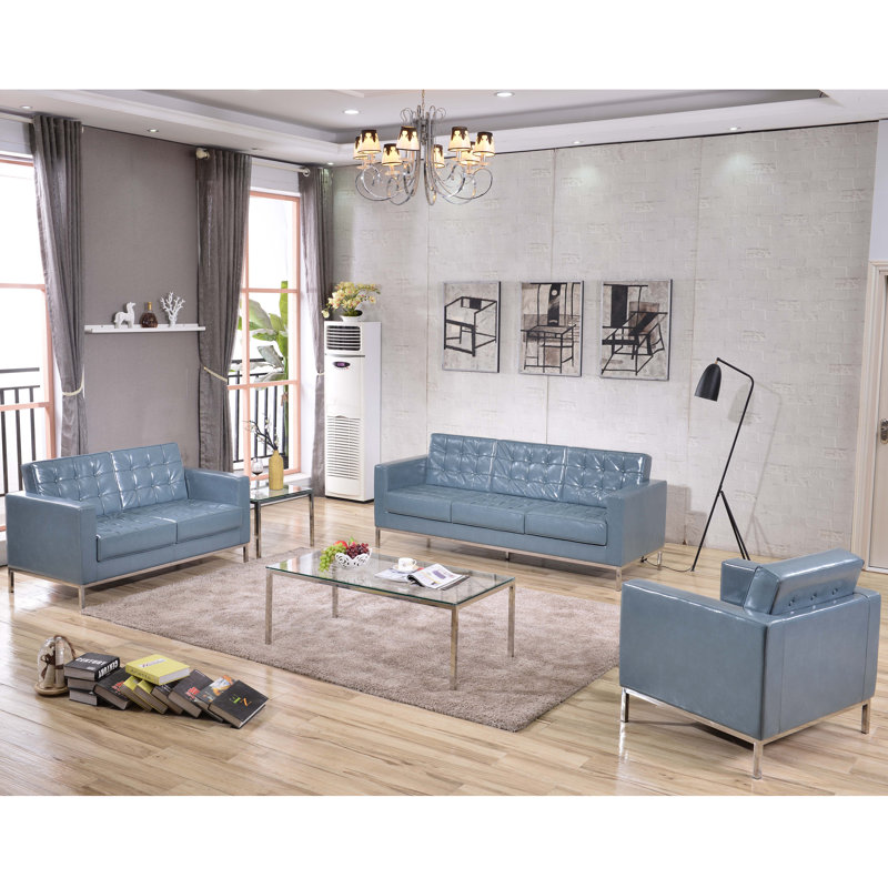 Amjed Contemporary Button Tufted Leather Loveseat w/ Steel Frame, Grey