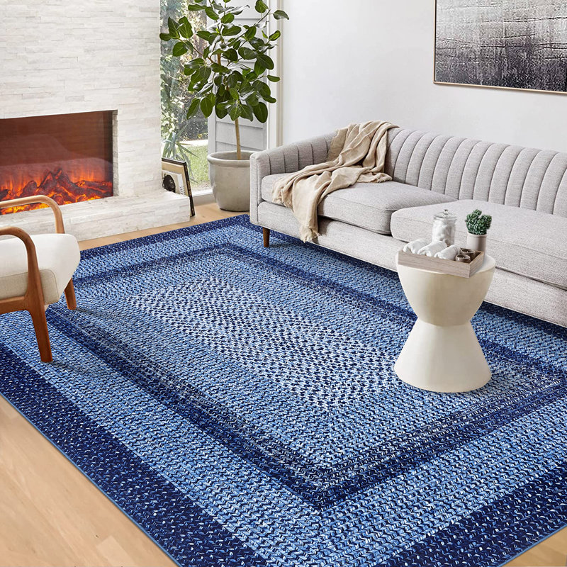 Navy Modern 3 x 5(ft) Rectangular Soft Non Slip Washable Bordered Geometric Indoor Doormat, Navy, Rectangle 3' x 5'