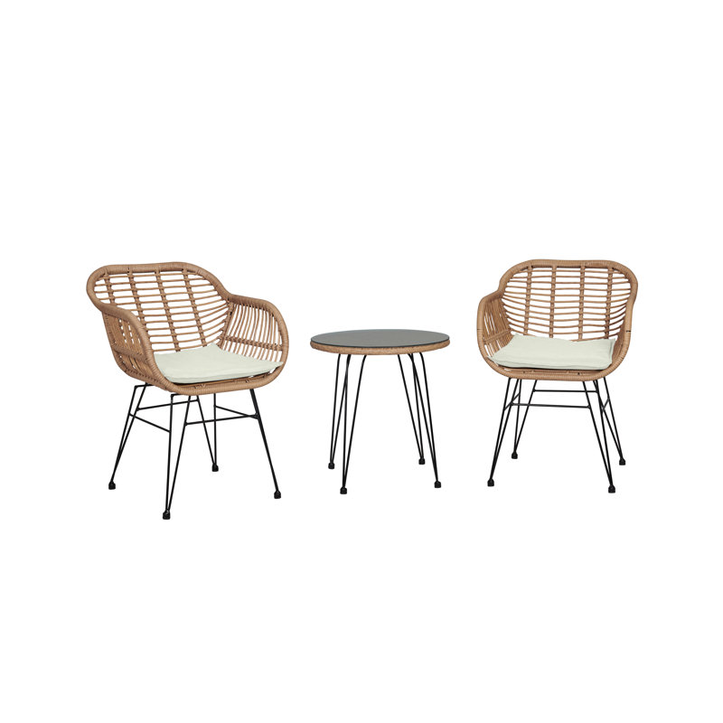 Antibes Modern Wicker 2-Person Patio Conversation Set with Polyester Cushions and Table in Tan and Cream, Cream