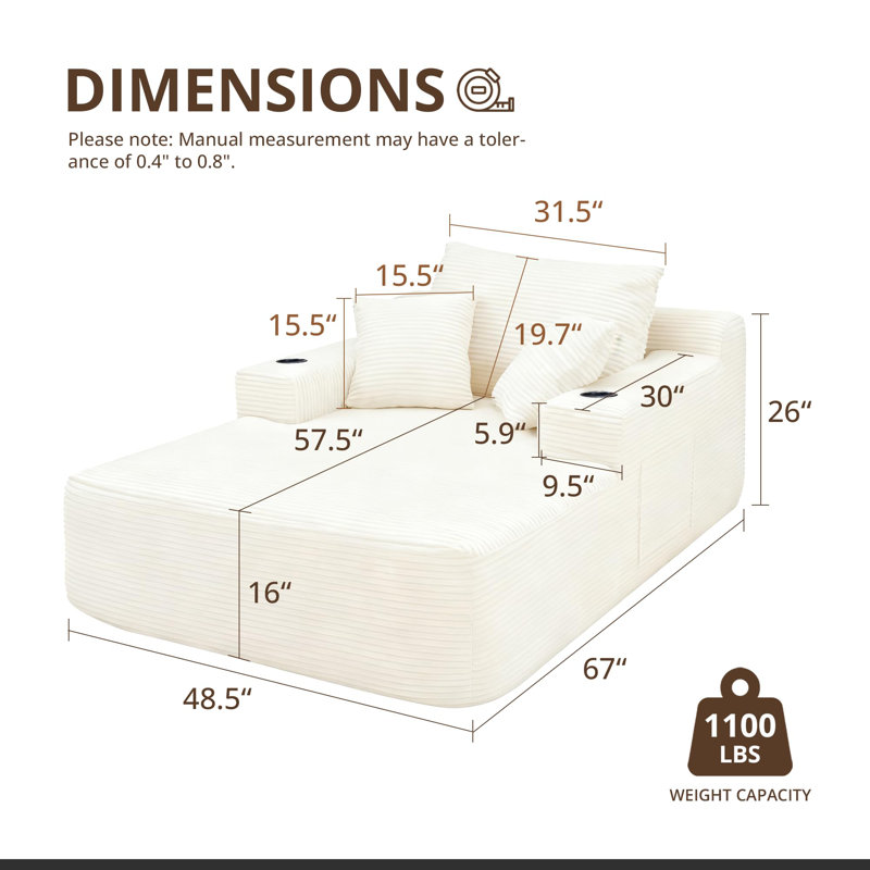 67" Oversized Compression Chaise Lounge Chair Indoor, Boneless Sleeper Sofa Bed with 3 Pillows, 2 Cup Holders & Storage Pocket,Corduroy Deep Seat Lounge Chair for Living Room, Bedroom, Office