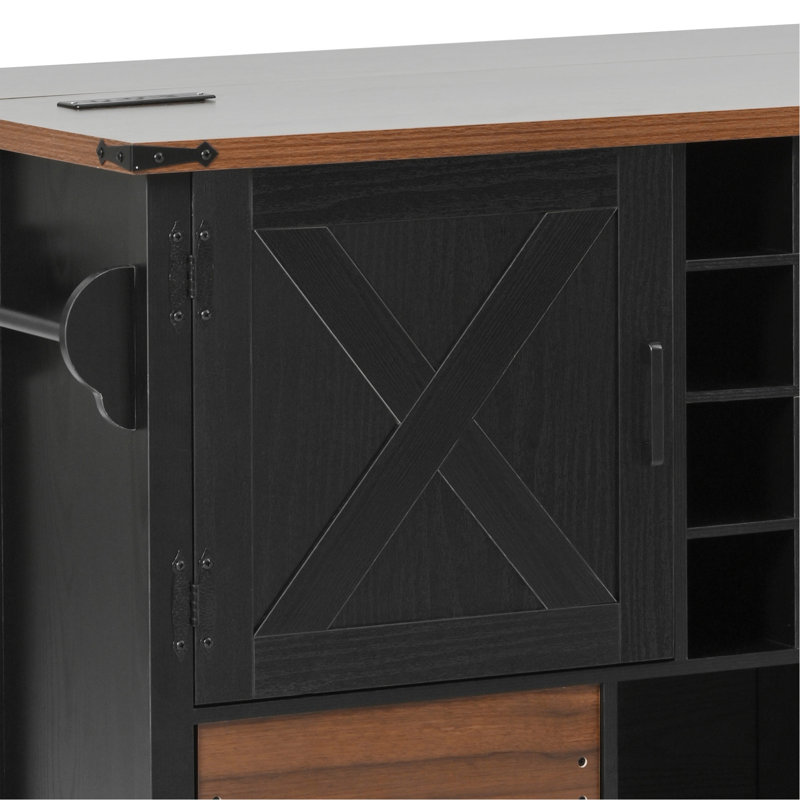 54" Farmhouse Kitchen Island With Drop Leaf, Power Outlet, Kitchen Storage Cart With 2 Doors, 2 Drawers, Rolling Kitchen Island On 4 Large Wheels With Spice Rack For Kitchen, Dining Room, Black