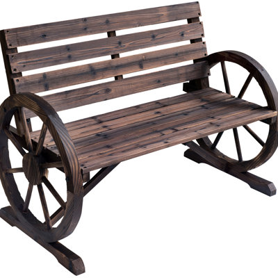 Rustic 41" Wagon Wheel Bench For Porches, , 2 Seat, Solid Fir Wood, Strong Construction Wooden Outdoor Spaces, Appeal, Weather-, Wood Structure