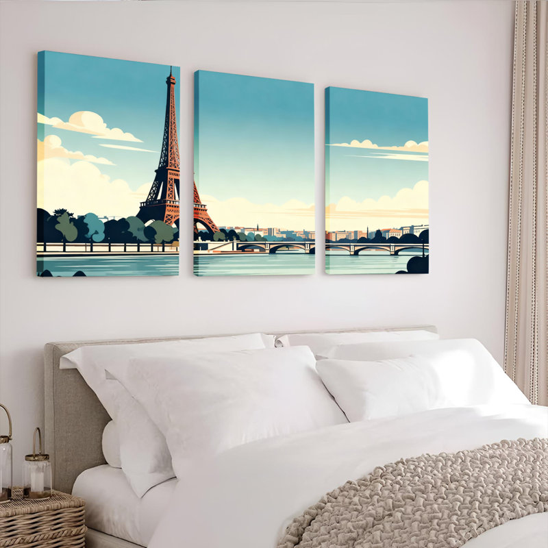 Ensemble de 3 toiles murales représentant la Tour Eiffel et un paysage urbain de Paris, H 18 po x l 36 po