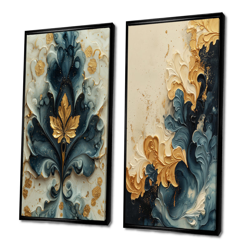 Abstrait floral bleu majestueux «I» - ensemble d'art mural floral abstrait 2 pièces, H 28 po x l 24 po, Cadre flottant noir