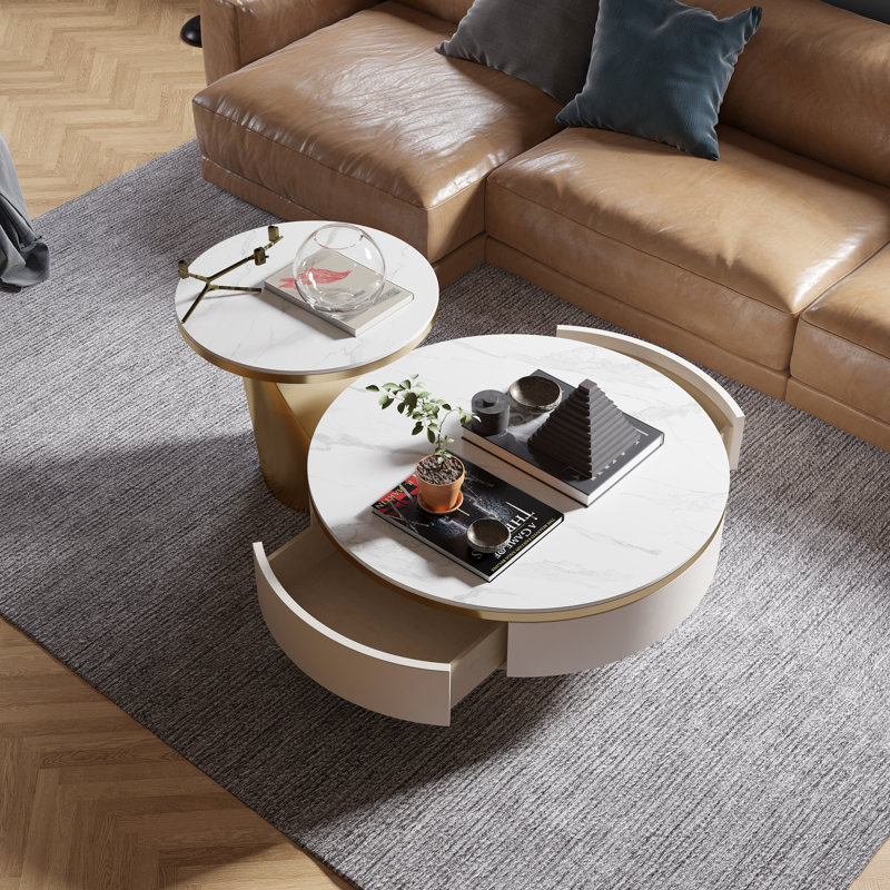 Danieka Modern Luxury Round Nesting Coffee Table Set With Faux Marble Countertop, Fully Assembled, White/Gold
