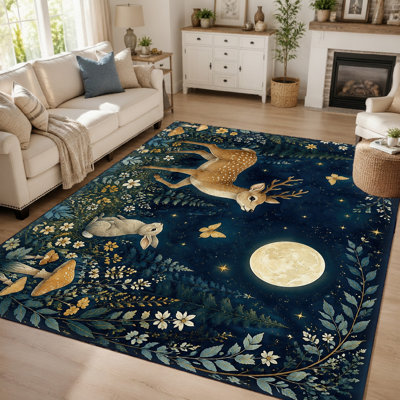 Tapis décoratif grand format « Scène enchanteresse de forêt au clair de lune avec cerfs et lapins » (1 pièce) – Ciel nocturne vibrant et animaux des bois – Idéal pour le salon, la chambre, la chambre d’enfant ou la salle de jeux.