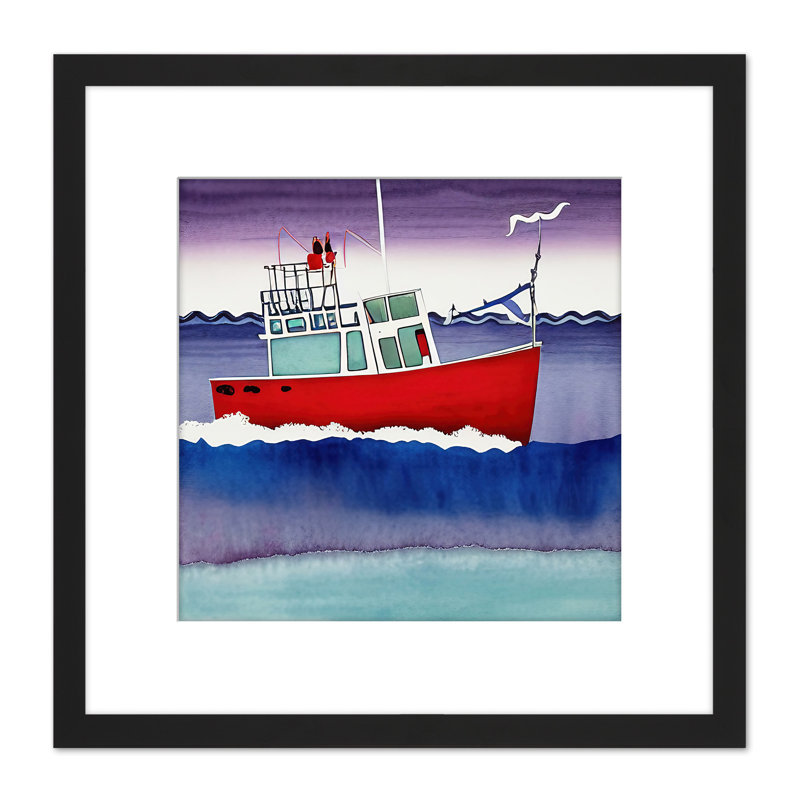 Red Fishing Boat Ocean Sea Watercolour - Single Picture Frame Print