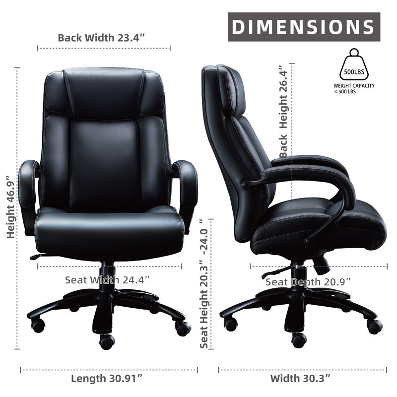 Grand fauteuil de direction ergonomique à haut dossier de 500 lb avec siège de 7 pouces d'épaisseur et base stable