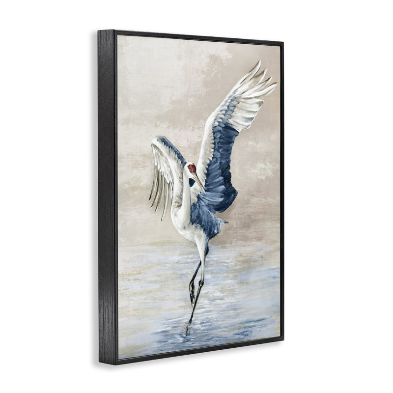 «Dancing Crane on Shore», art de la giclée encadrée par Eli Jones, H 24 po x l 16 po, Giclée encadrée noir minuit