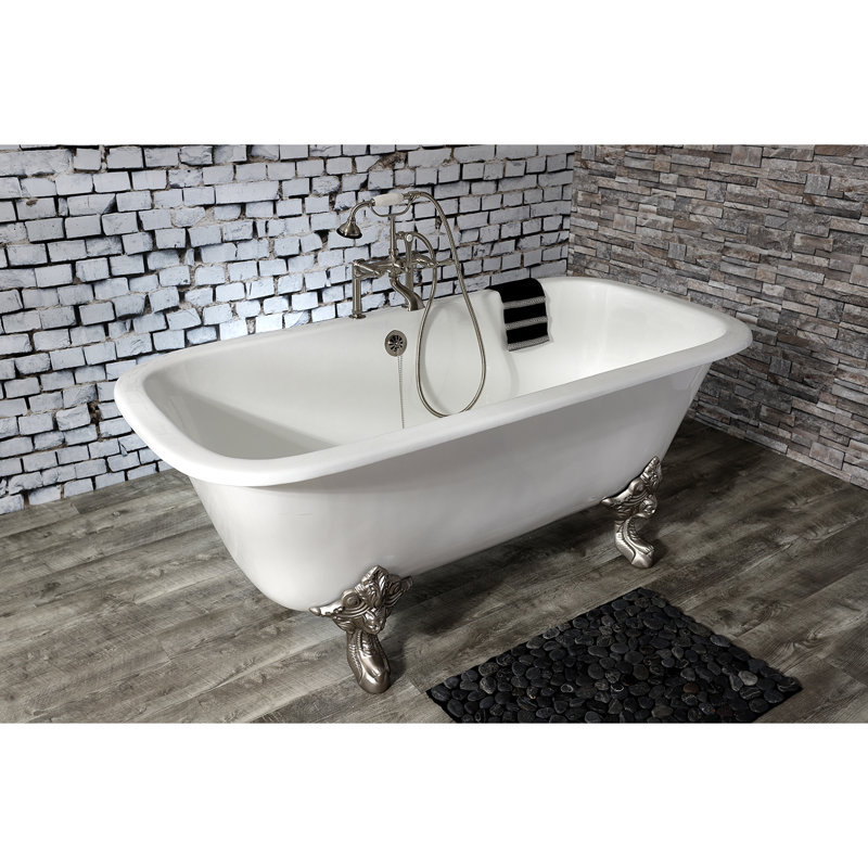 Kingston Brass Aqua Eden 67-Inch Cast Iron Rectangular Double Ended Clawfoot Tub (7-Inch Faucet Drillings), Brushed Nickel