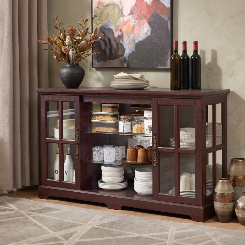 Buffet 54 "en verre avec lumières à changement de couleur, buffet bas avec miroir et tablettes en verre, Cerise foncée