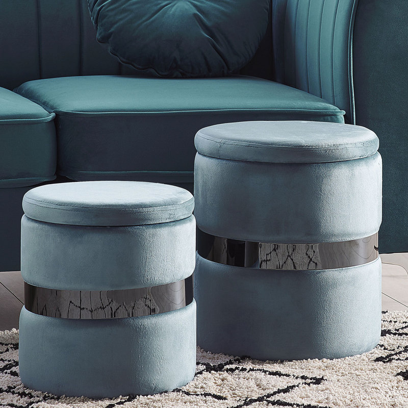Crooke 35cm Wide Velvet Round Solid Colour Ottoman with Storage, Blue