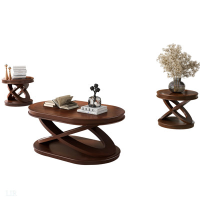 Retro Coffee Table Sets 3 Pieces, Wood Living Room Table Set Include 44" Oval Coffee Table, Round End Table Set Of 2, End Table