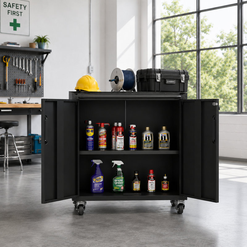 Armoire de sécurité verrouillable en métal de 34,65 po avec roulettes, armoire industrielle robuste avec tablettes réglables, clôture surélevée et porte verrouillable pour le garage, le bureau et la maison