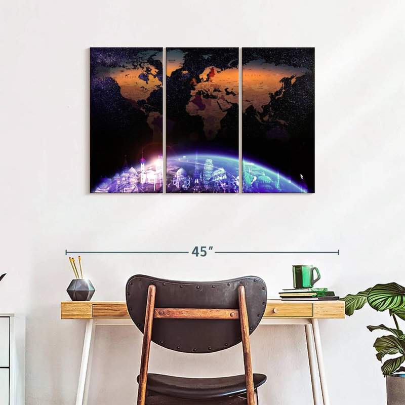 " Galaxy World Map " by Globetrotter Studio 3 - Pieces, 38" H x 24" W x 1.25" D