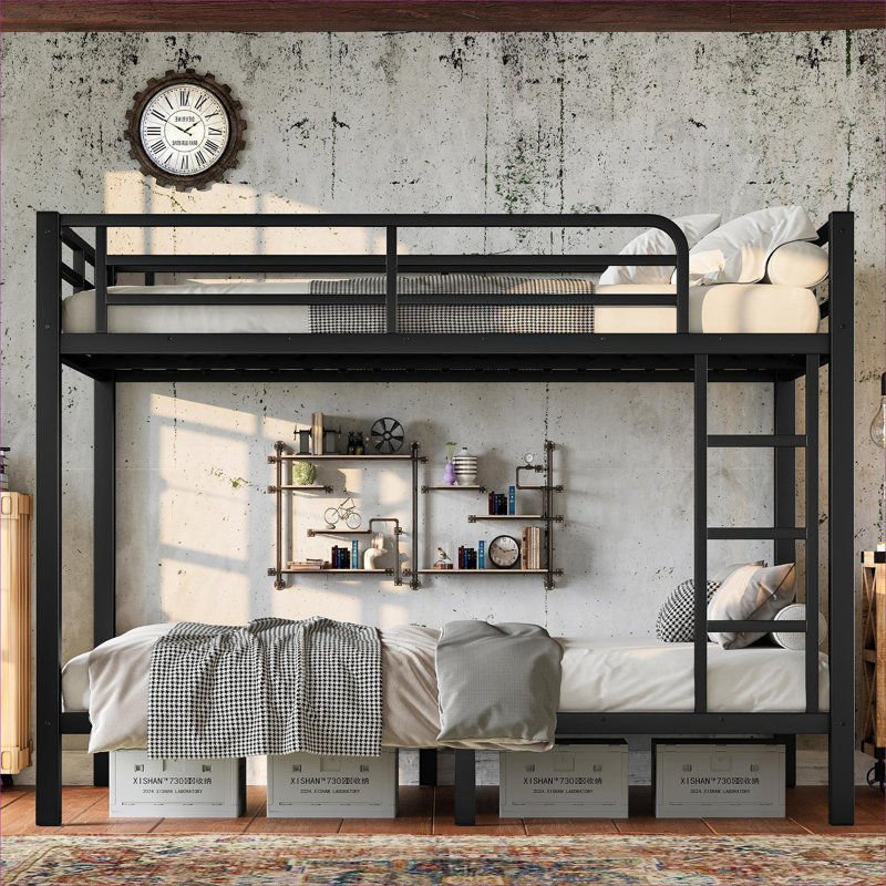 Lit superposé simple au-dessus de simple et peu encombrant, structure en métal solide de couleur noire classique, réduction du bruit, aucun sommier tapissier requis pour les adolescents et les adultes