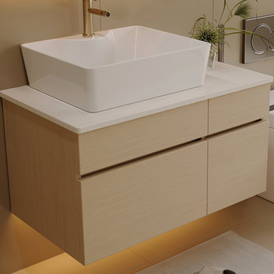 Meuble-lavabo simple ultra moderne 31,5 po avec lavabo vasque, placage et placage de rangement, tiroir silencieux